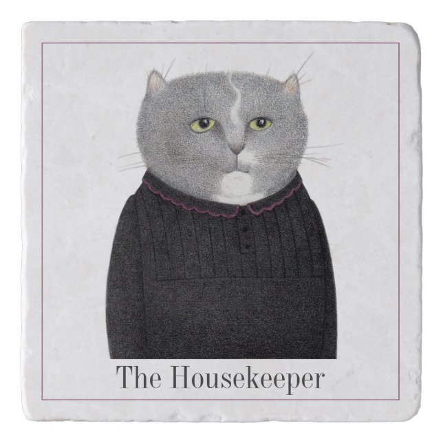 HOUSEKEEPER CAT Marble Stone Trivet + Text II (Front)