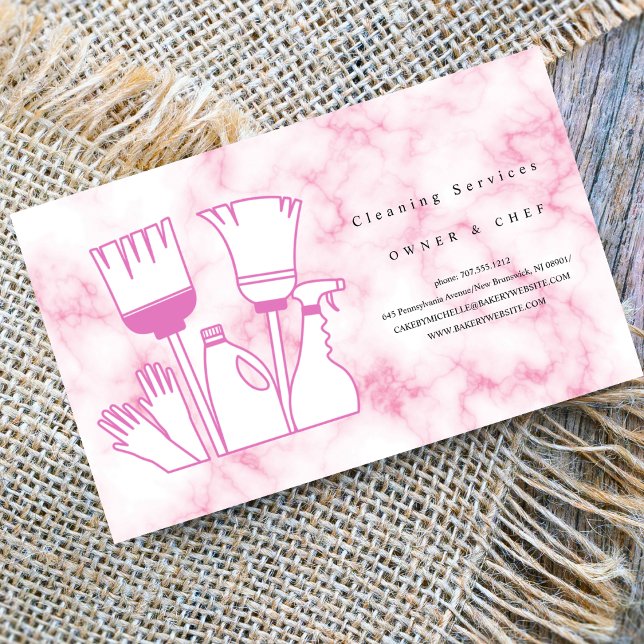 housekeeping Cartoon pink marble Cleaning Service Business Card (Creator Uploaded)