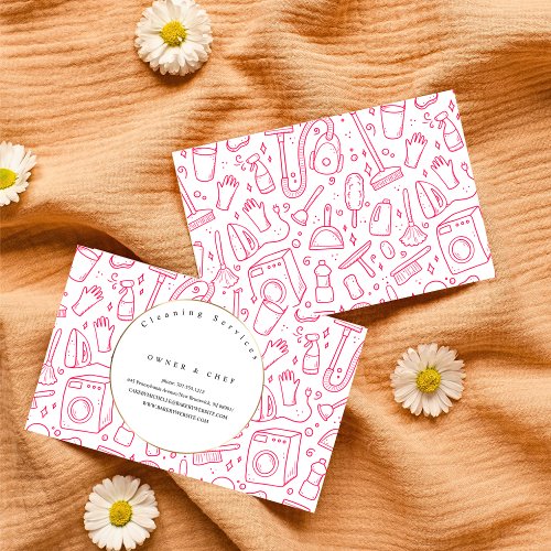 housekeeping Cartoon pink pattern Cleaning Service Business Card