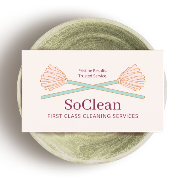  Housekeeping Cleaning Services Crossed Pink Mops Business Card (Creator Uploaded)