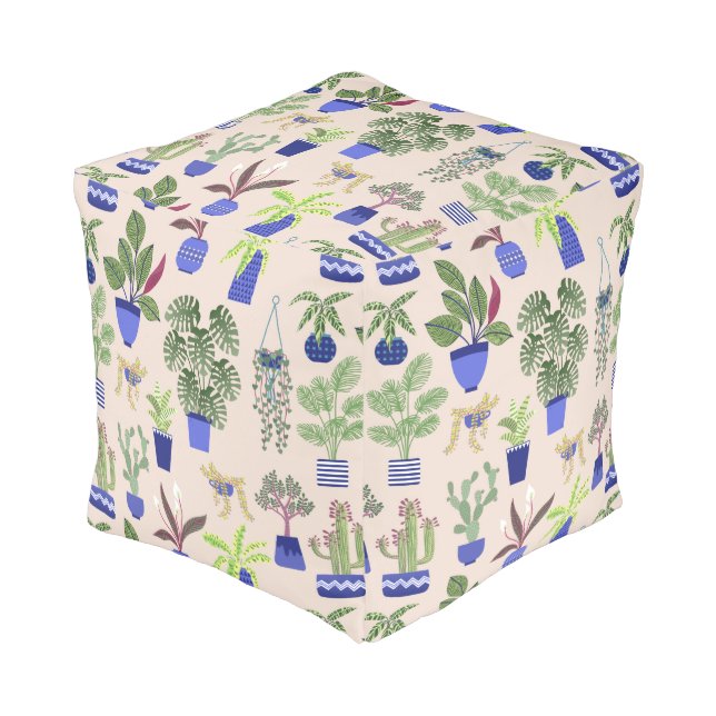 Houseplants Cactus Succulent Pattern Blush Pink Pouf (Angled Front)