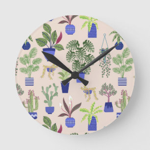 Houseplants Cactus Succulent Pattern Blush Pink Round Clock