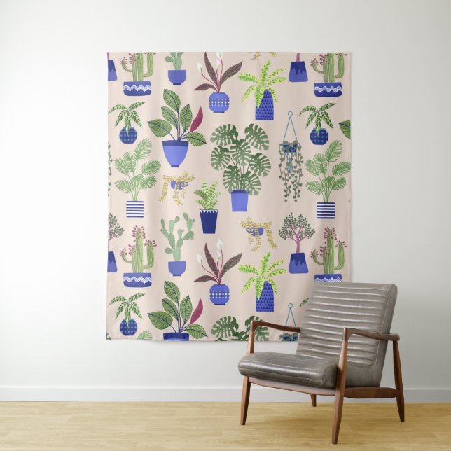 Houseplants Cactus Succulent Pattern Tapestry (In Situ)