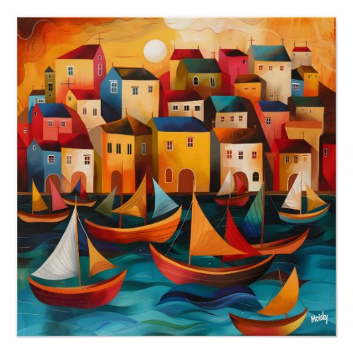 Houses and Boats Folk and Naive Colorful Landscap Poster