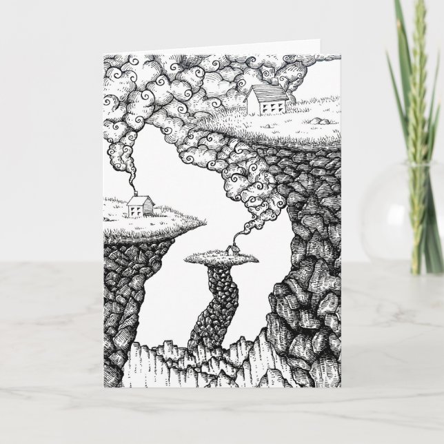 Houses and Cliffs Pen and Ink Art Greeting Card (Front)
