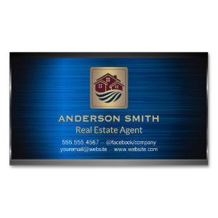 Houses Icon   Blue Metallic Background Business Card Magnet