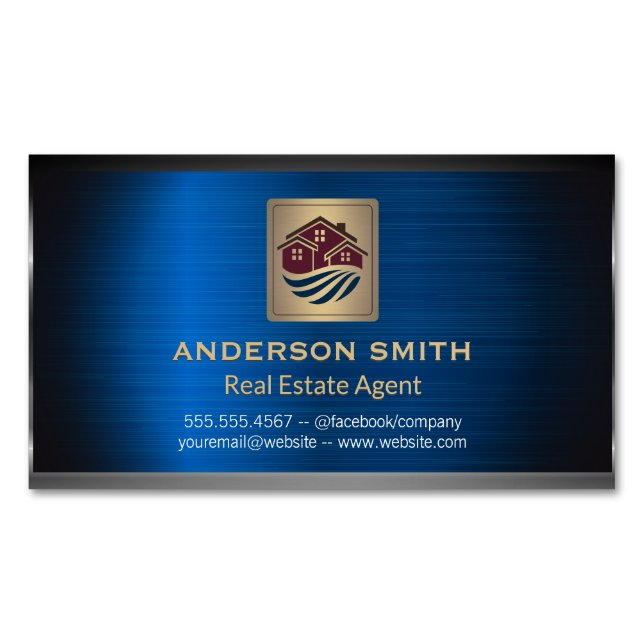 Houses Icon | Blue Metallic Background Business Card Magnet (Front)