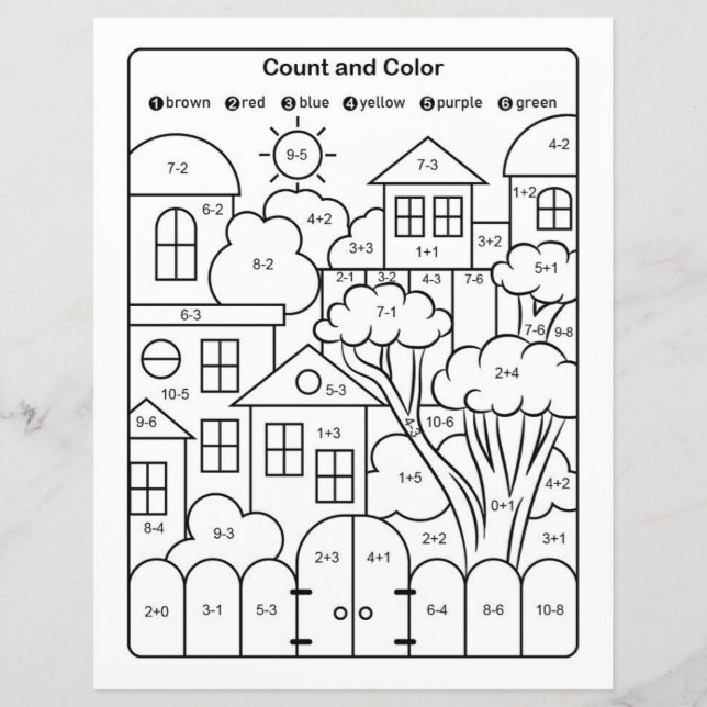 Houses line drawing coloring page with math quiz (Front)