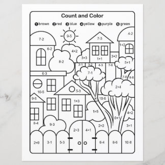 Houses line drawing coloring page with math quiz
