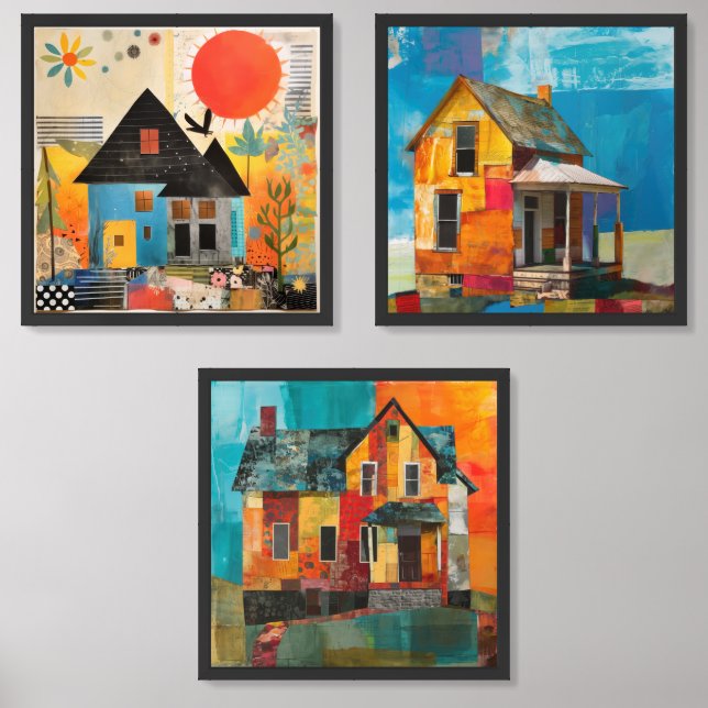 Houses made of a collage of pieces and textures wall art sets (Front)