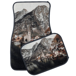 HOUSES NEAR BODY OF WATER AND MOUNTAIN CAR FLOOR MAT