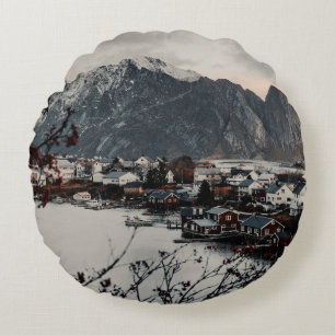 HOUSES NEAR MOUNTAIN AND LAKE ROUND PILLOW