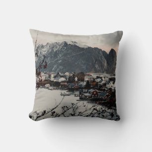 HOUSES NEAR MOUNTAIN AND LAKE THROW PILLOW