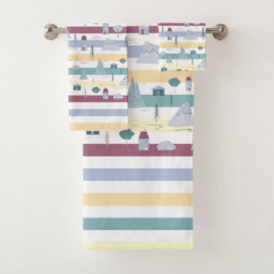Houses, trees and mountains modern pattern bath towel set