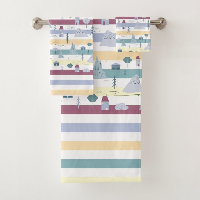 Houses, trees and mountains modern pattern bath towel set (Insitu)