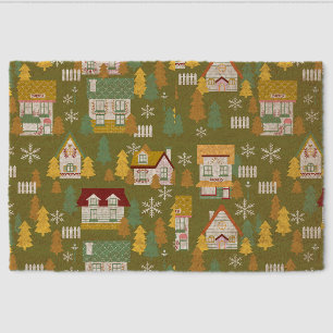 Houses Winter Dark Green Fiber Doormat
