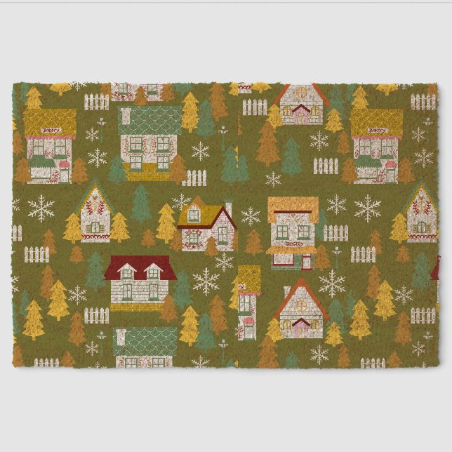 Houses Winter Dark Green Fiber Doormat (Front)