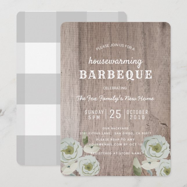 Housewarming Barbeque BBQ Party Wood Invitation (Front/Back)