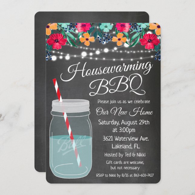 Housewarming BBQ Mason Jar Invitation (Front/Back)