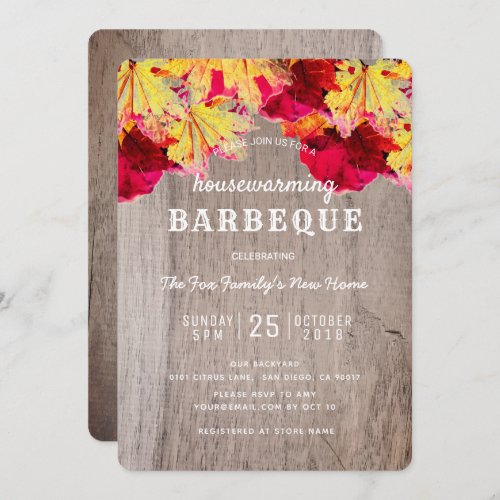 Housewarming BBQ Party Fall Leaves Wood Invitation
