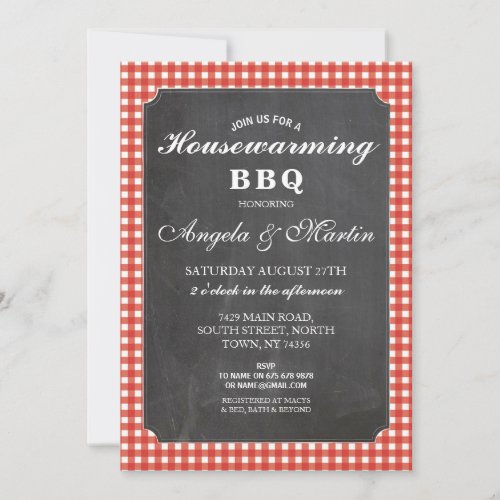 Housewarming BBQ Party Red Check Chalk Invite