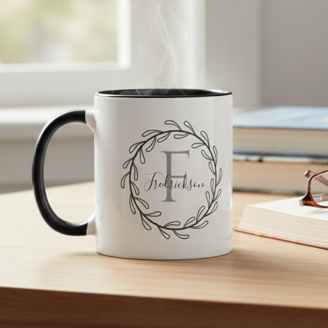 Housewarming Botanical Leaf Wreath Monogram Mug (Minimalist botanical leaf wreath for a housewarming — perfect gift idea for teachers or friends)