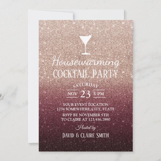 Housewarming Cocktail Party Burgundy Rose Gold Invitation (Front)