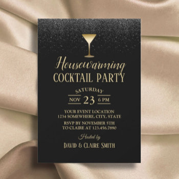 Housewarming Cocktail Party Elegant Black Glitter Invitation by myinvitation at Zazzle