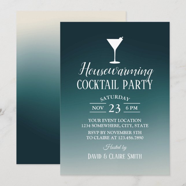 Housewarming Cocktail Party Elegant Teal Ombre Invitation (Front/Back)