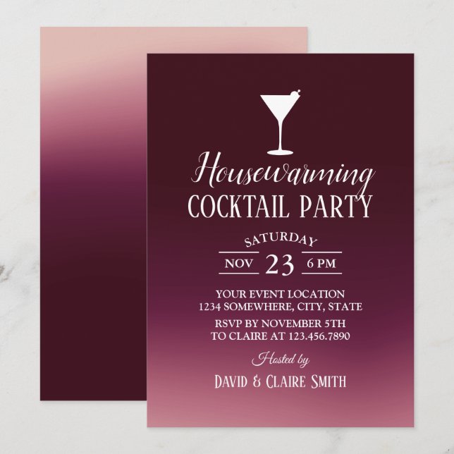 Housewarming Cocktail Party Modern Burgundy Ombre Invitation (Front/Back)