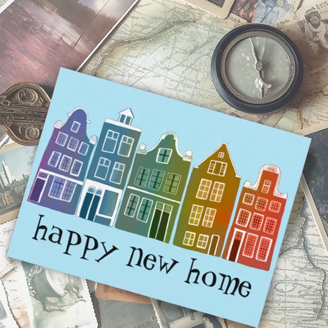 Housewarming Cute Houses Amsterdam Travel Colorful Postcard (Happy new home custom postcard with  rainbow amsterdam houses)