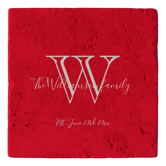 Housewarming gift family name monogrammed cool red trivet (Front)