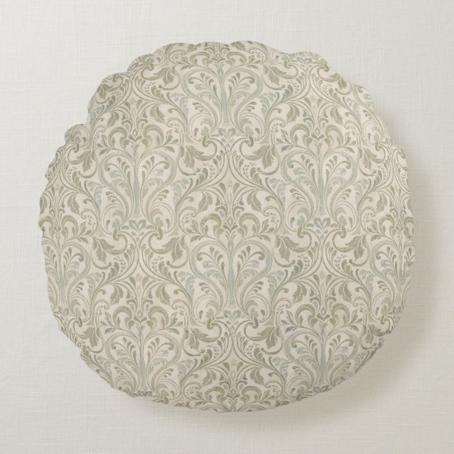 Housewarming Gift New Home Neutral Sage Damask Round Pillow