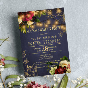 Housewarming gold lights winter floral navy invitation