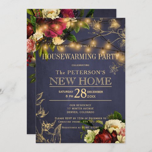 Housewarming gold lights winter floral navy invitation