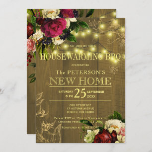Housewarming gold lights wood floral fall bbq invitation