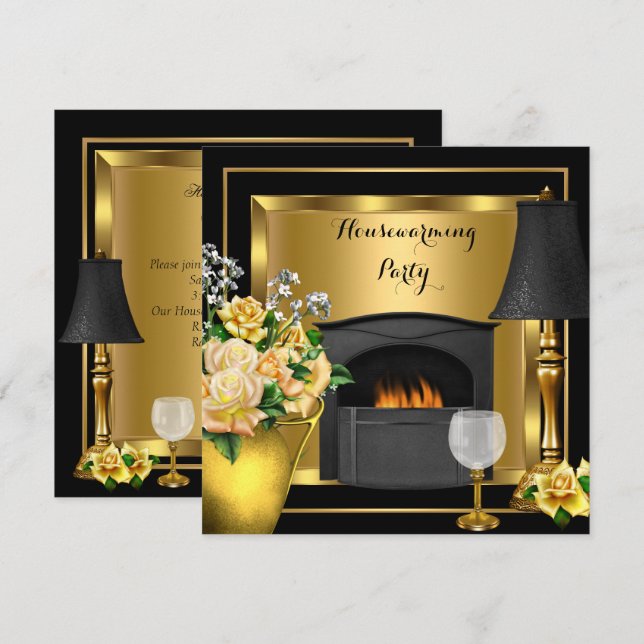 Housewarming Gold Roses Decor Wine Glass Black Invitation (Front/Back)