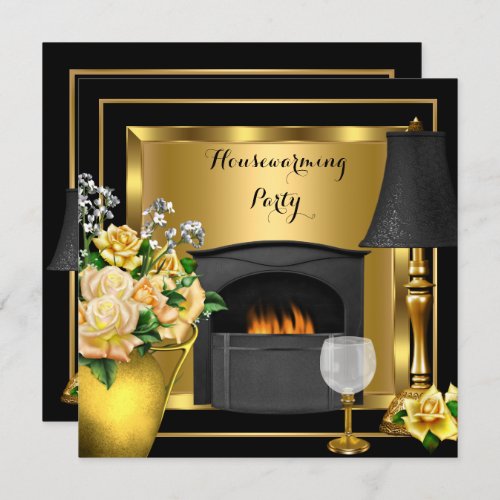 Housewarming Gold Roses Decor Wine Glass Black Invitation