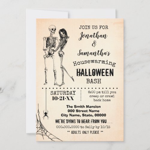 Housewarming Halloween party bash skeleton couple Invitation