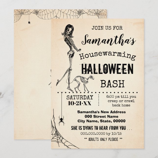 Housewarming Halloween party Girl & cat skeleton Invitation (Front/Back)