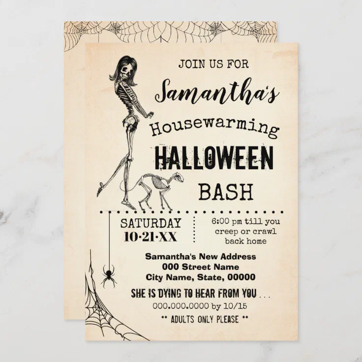 Housewarming Halloween Party Girl Cat Skeleton Invitation Zazzle