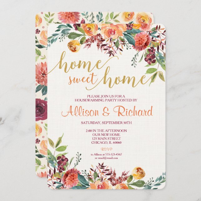 Housewarming invitation, fall rustic floral invite (Front/Back)