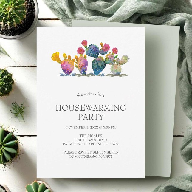Housewarming Invitations Watercolor Cactus (Housewarming party invitations watercolor cactus art by VG Invites)