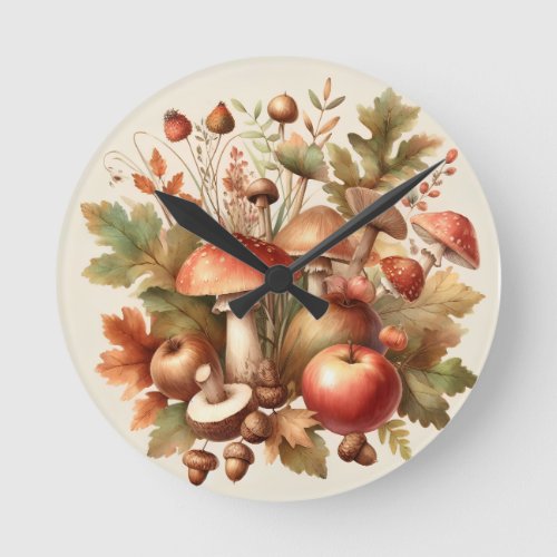 Housewarming nature fall mushroom apple acorn  round clock