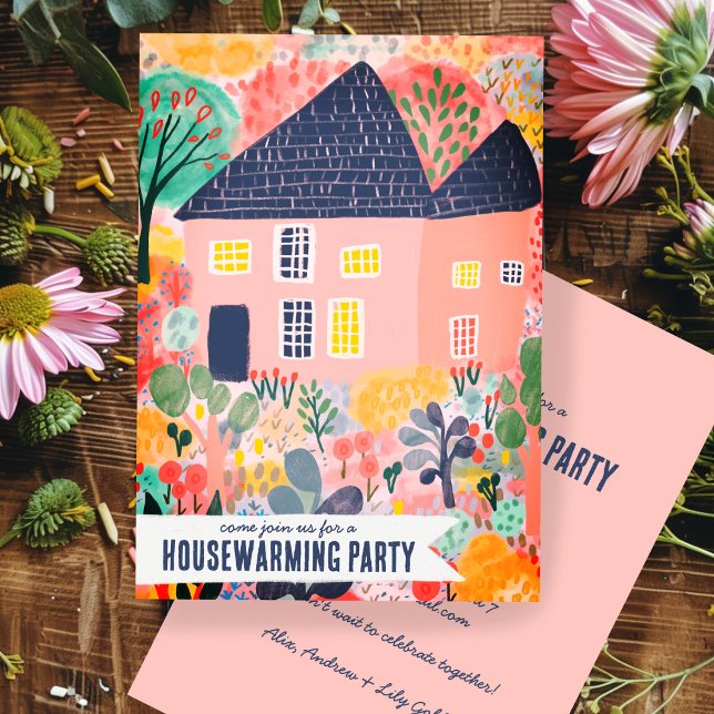 Housewarming New Home Garden Watercolor Cute Party Invitation (Housewarming New Home New Address Garden Watercolor Cute Custom Party Invitation Pink
)