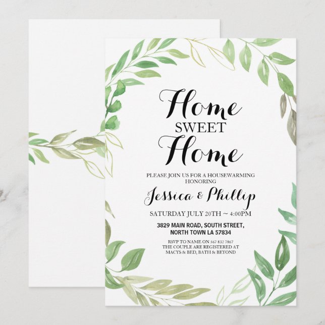 Housewarming New Home House Foliage Leaves Green Invitation (Front/Back)