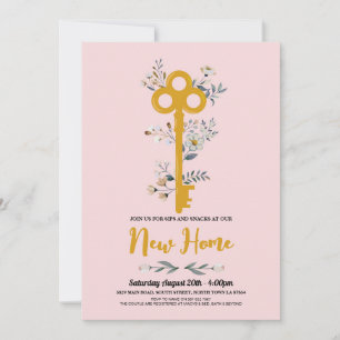 Housewarming New Home House Key Florals Pink Invitation