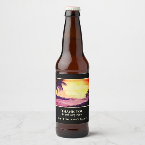 Housewarming New Home Sunset in Tropics Watercolor Beer Bottle Label