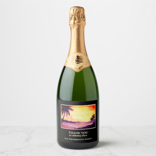 Housewarming New Home Sunset in Tropics Watercolor Sparkling Wine Label