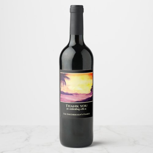 Housewarming New Home Sunset in Tropics Watercolor Wine Label